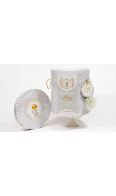 Trusou de botez cu ingeri si broderie personalizata aurie si pattern marble crem mint 8